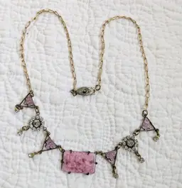 Antique 1920's Gold Tone Czech Necklace with Pink Glass and Enamel Triangles and Rhinestone Flowers