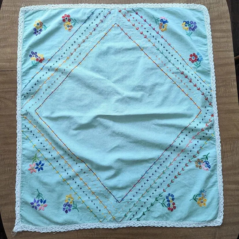 Vintage Embroidered Bridge Card Table Tablecloth Light Green Floral Lace Trim