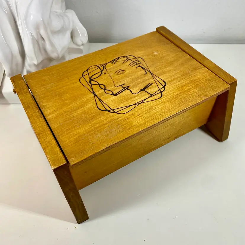 CZECH Wooden Divided CIGARETTE BOX Tobacciana MCM VTG 60s Smoking MALE PROFILE