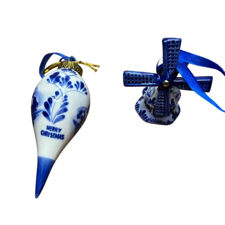 Pair Of Hand painted Deco Holland Ornaments Dutch Windmill @3 1/2” Tall Merry Christmas Porcelain Ornament With Painted Windmill @ 4” Long