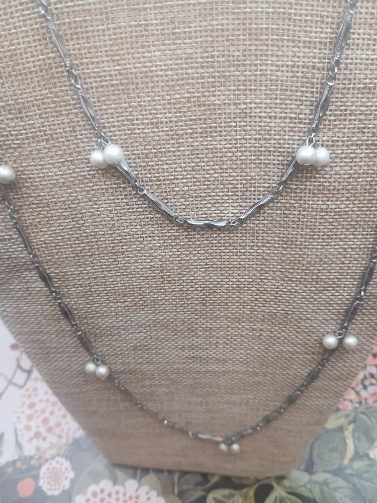 Vintage Very Long 59" Faux Pearl Dangle Silver Plate Chain Necklace