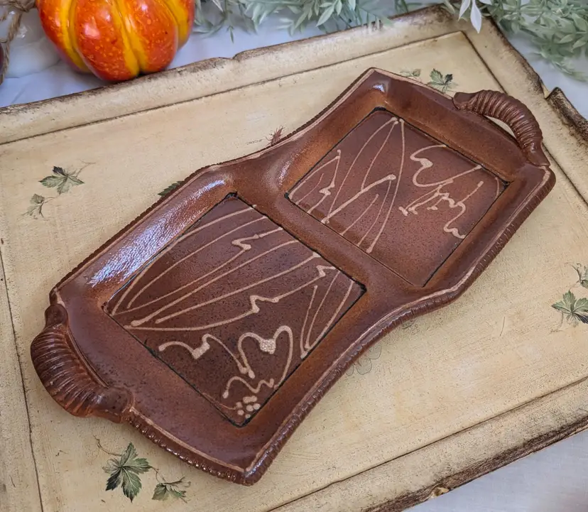 Hand Crafted Studio Pottery Abstract Style Double Handled Serving Tray Artisan Signed 12" Long