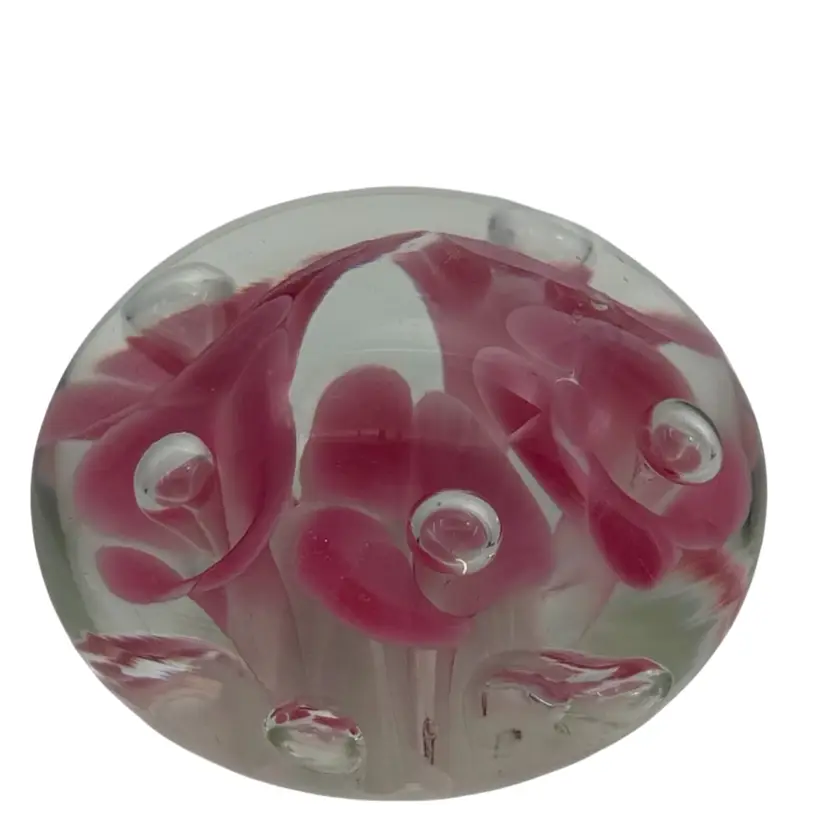 Joe St Clair Paperweight Clear Glass Pink & White Trumpet Flowers READ
2.25” T x 2.75” W