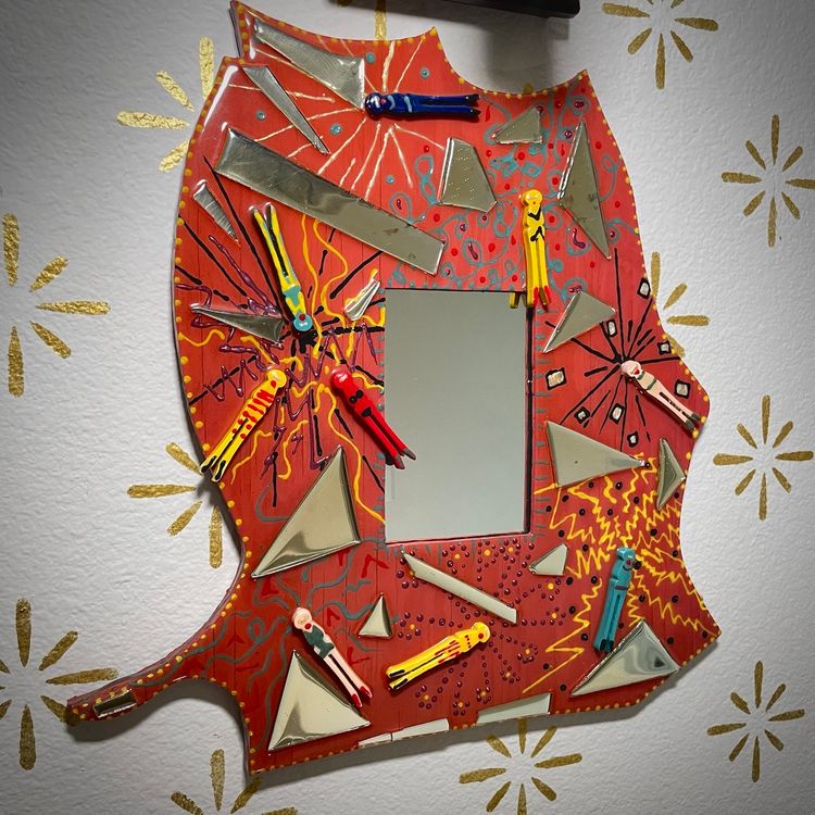 Vintage 90s Artist SIGNED Funky Eclectic Folk Art Abstract Women Whimsical Mosaic Mirror 15.25x15.25"