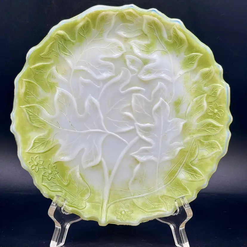 Vintage Milk Glass Plate Hand Painted Green Leaf 6.5”