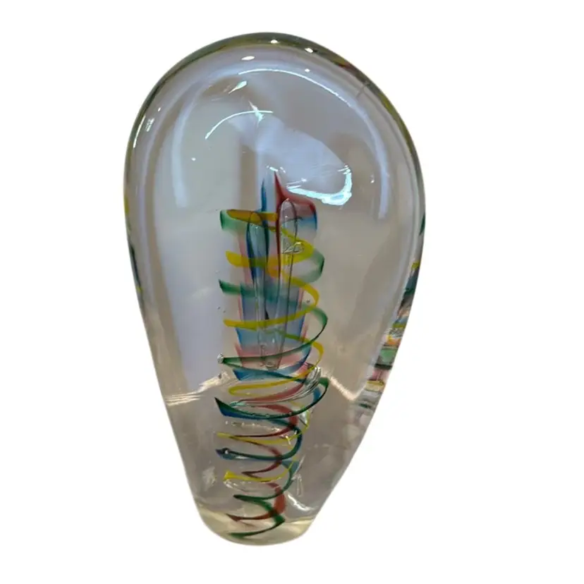 “Spiraling Upwards” Stately Tall Paperweight - Colorful Swirled Spirals Encase Center Elongated Split Controlled Bubble - 6.5” Signed