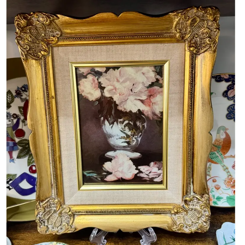 11x9 Replica of Helca French Enamel Painting framed in an ornate gold toned wooden frame and linen mat.