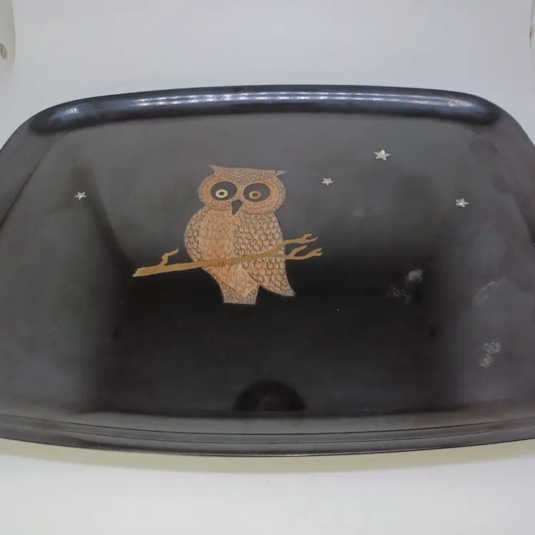 Vintage Couroc Owl Inlaid Tray 12 × 9 in Black Gold