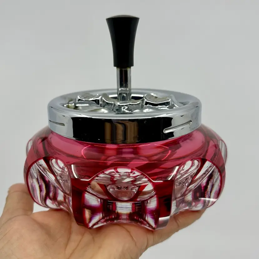 RARE Vintage Erhard & Söhne Roulette Ashtray Heavy Cut To Clear Crystal Gem Cranberry