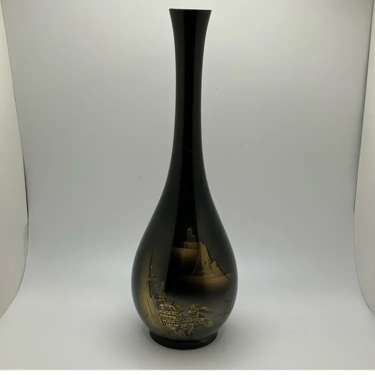 Etched Metal Vase - Japan- 9” Tall