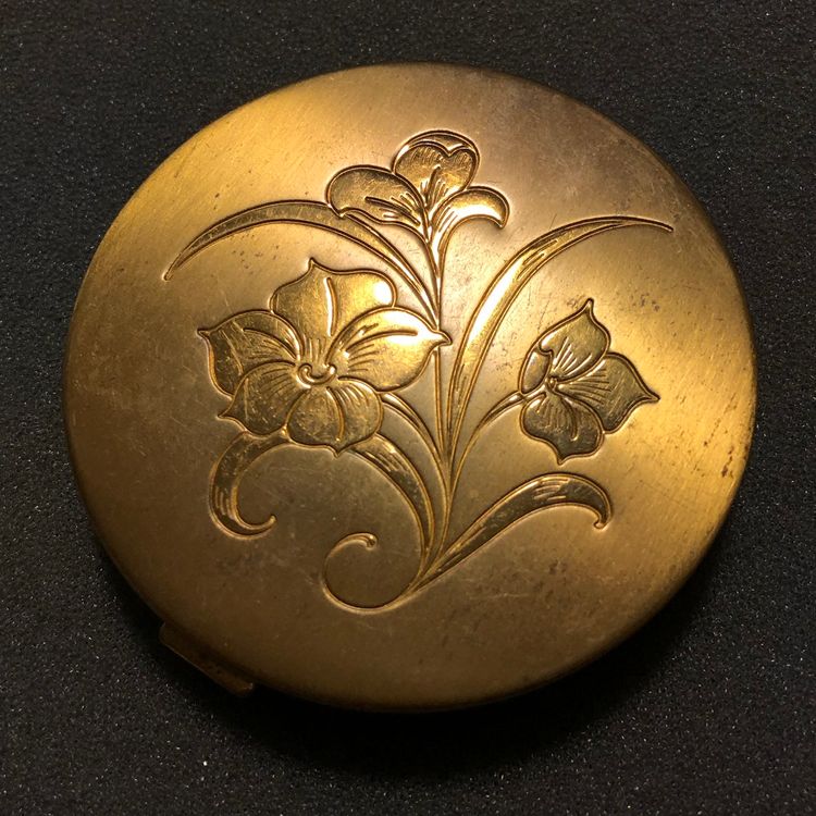 Vintage Gold-Tone Etched Flowers Makeup Compact with Mirror