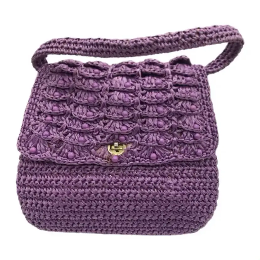 Purple Raffia Beaded Handbag Dayne Taylor Japan Medal Closure 1960s Vintage