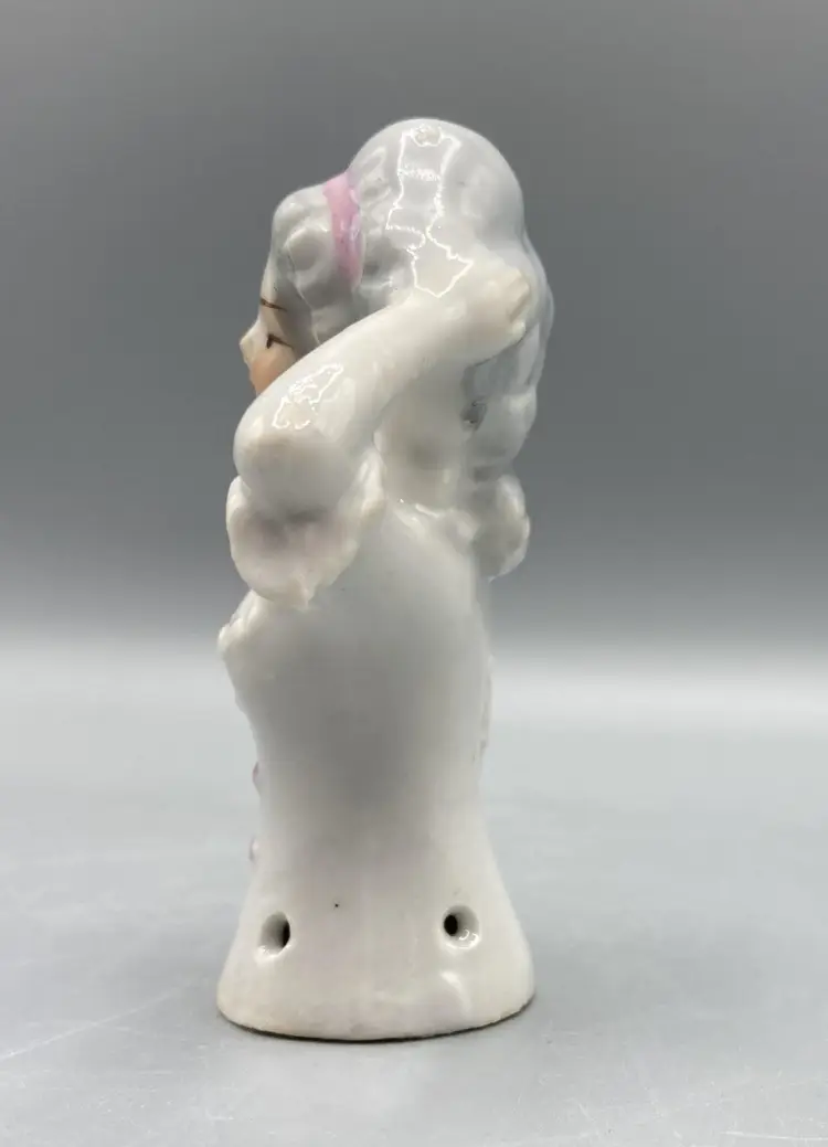 Porcelain Top Half Doll Lady Figurine Pin Cushion/Whisk Handle - Japan - Pink - Vintage