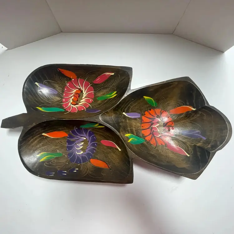 Vintage Hand Painted Teak Divided Platter