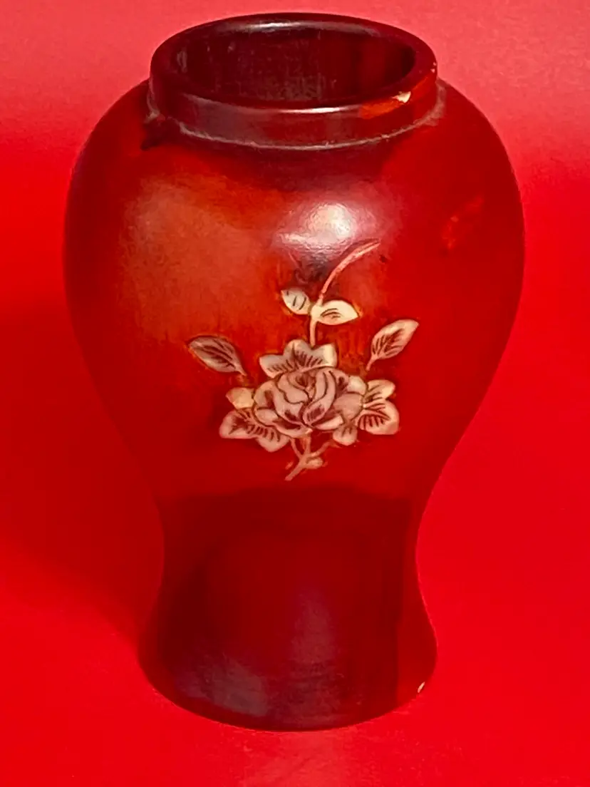 Red Vase w/ Mother of Pearl Inlay Design of Flowers, 4.75" Tall