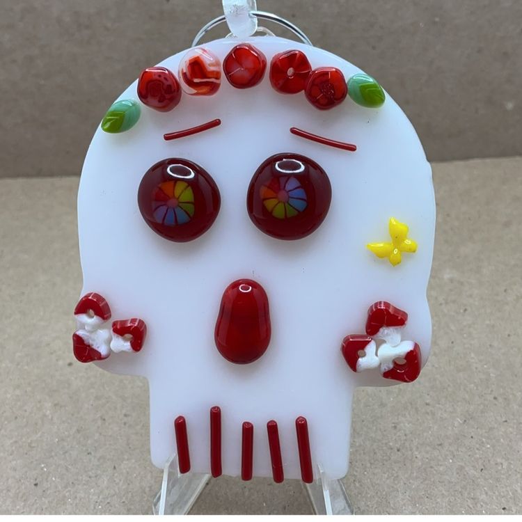 #03 Made by Me! Fused Glass Ornament 3D Day of the Dead Skull Studio Art Handmade