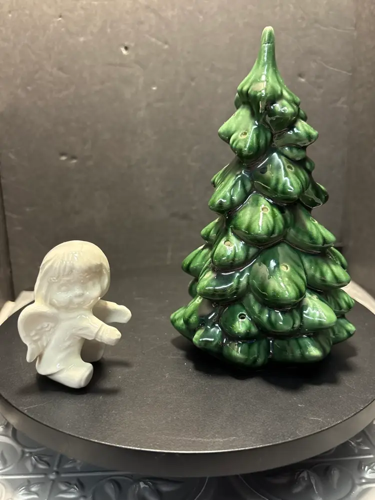 Vintage Atlantic Mold 9” Green Ceramic Lighted Christmas Tree Top Section Only and a angel candle hugger