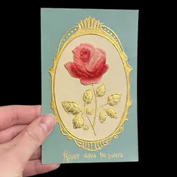 Antique Postcard Gold Embossed With 3D Velvet Rose, Floral Antique Postcard
