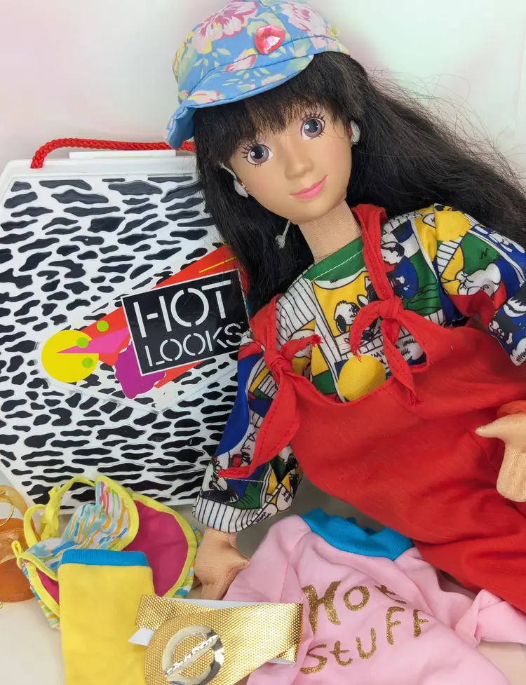 Hot Loo Stacey Doll & Mix N Match Fashions Accessory Tote 1986 Mattel Vintage 18" Bendable Poseable Fashion Doll clothes Elkie Hat Shoe Belt