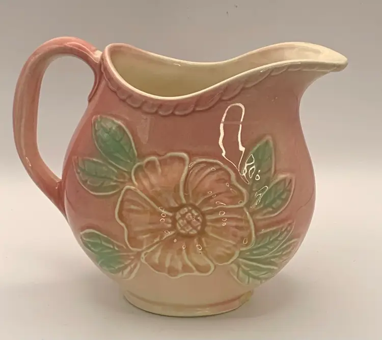 VTG U.S.A.  52-24oz Pottery Milk Pitcher Pink With Dogwood Flowers. 5.25” Tall