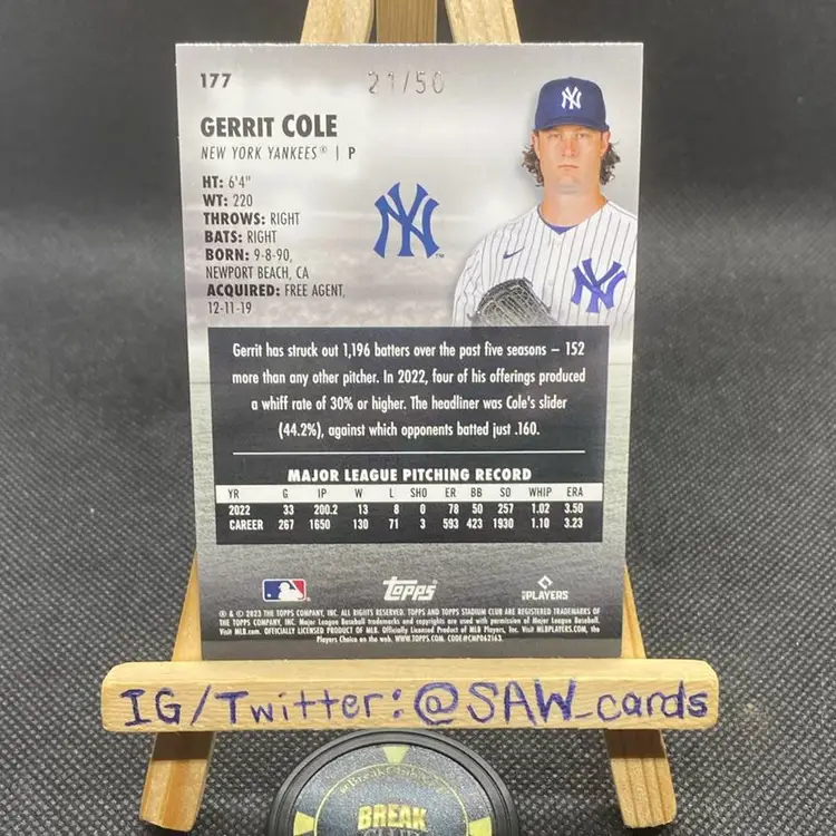 Gerrit Cole 2023 Stadium Club Blue Foil /50 New York Yankees