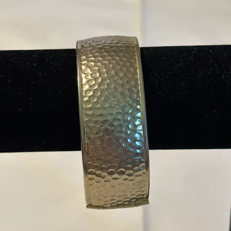 Vintage Gold Tone Hammered Metal Work Look Clamper Bracelet