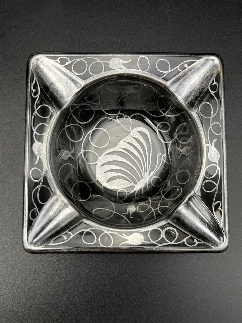 Vintage Art Nouveau Floral Butterfly Clear Glass Silver Overlay Square Ashtray