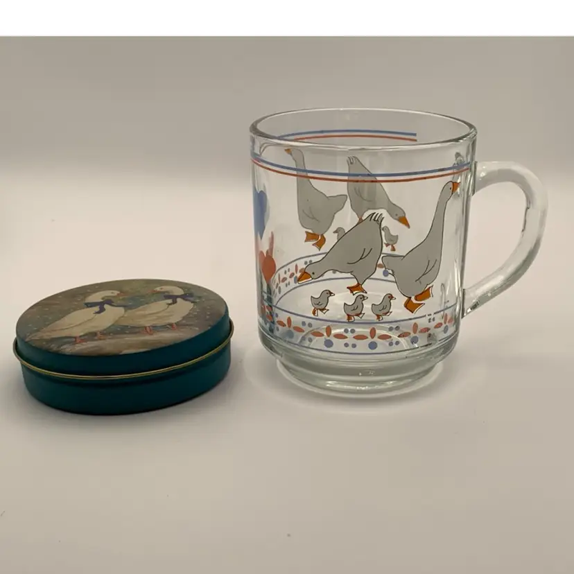 1980s Luminarc Geese And Hearts Clear Glass Mug 9oz + Small Goose  Puzzle In Metal Tin