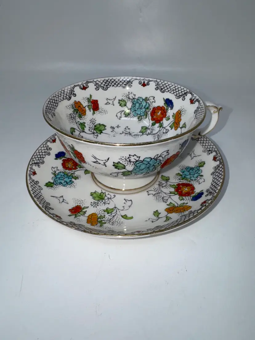 Antique Tea Cup & Saucer ATLAS China GRIMWADES ENGLAND Stoke OnTrent FLORAL BIRD