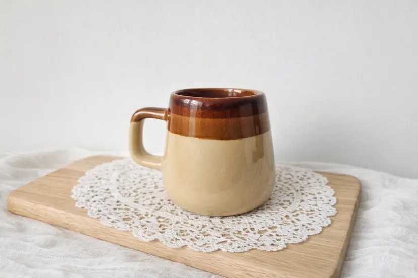 Vintage Rustic Studio Pottery Mug with wooden stands– Two-Tone Glaze, Handmade Ceramic, Cottagecore Kitchen Decor Brown & Beige Glaze