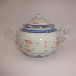 Vintage Jingdezhen Porcelain Sugar Bowl & Lid Rice Grain Eye White Blue Red 9"