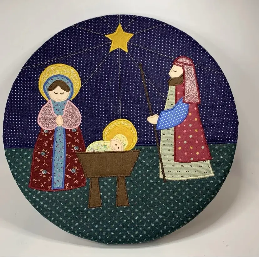 Vtg Embroidery Christmas Nativity Scene Wooden Round Ring 15" Diameter Handmade