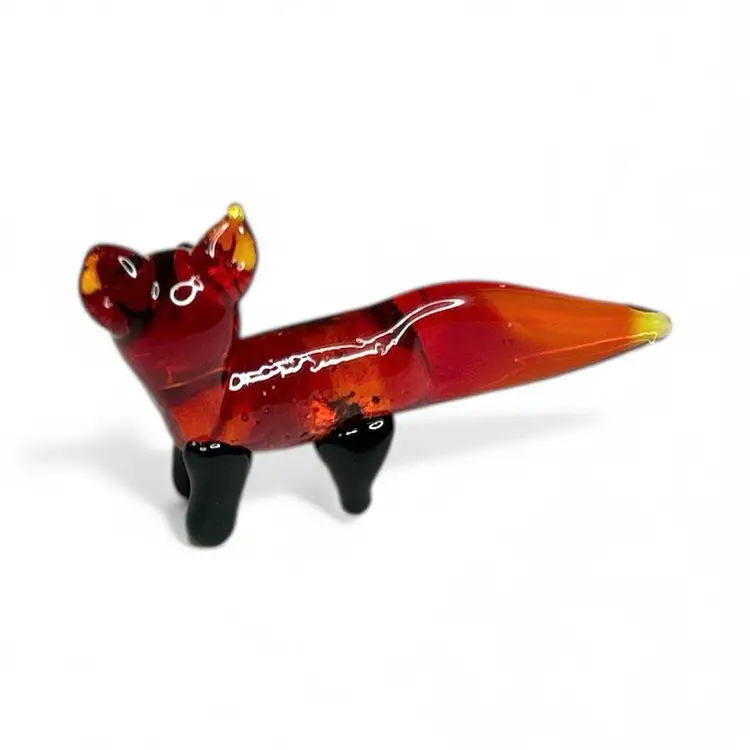 Mini Handblown Red Fox Art Glass Figurine And Christmas Stocking