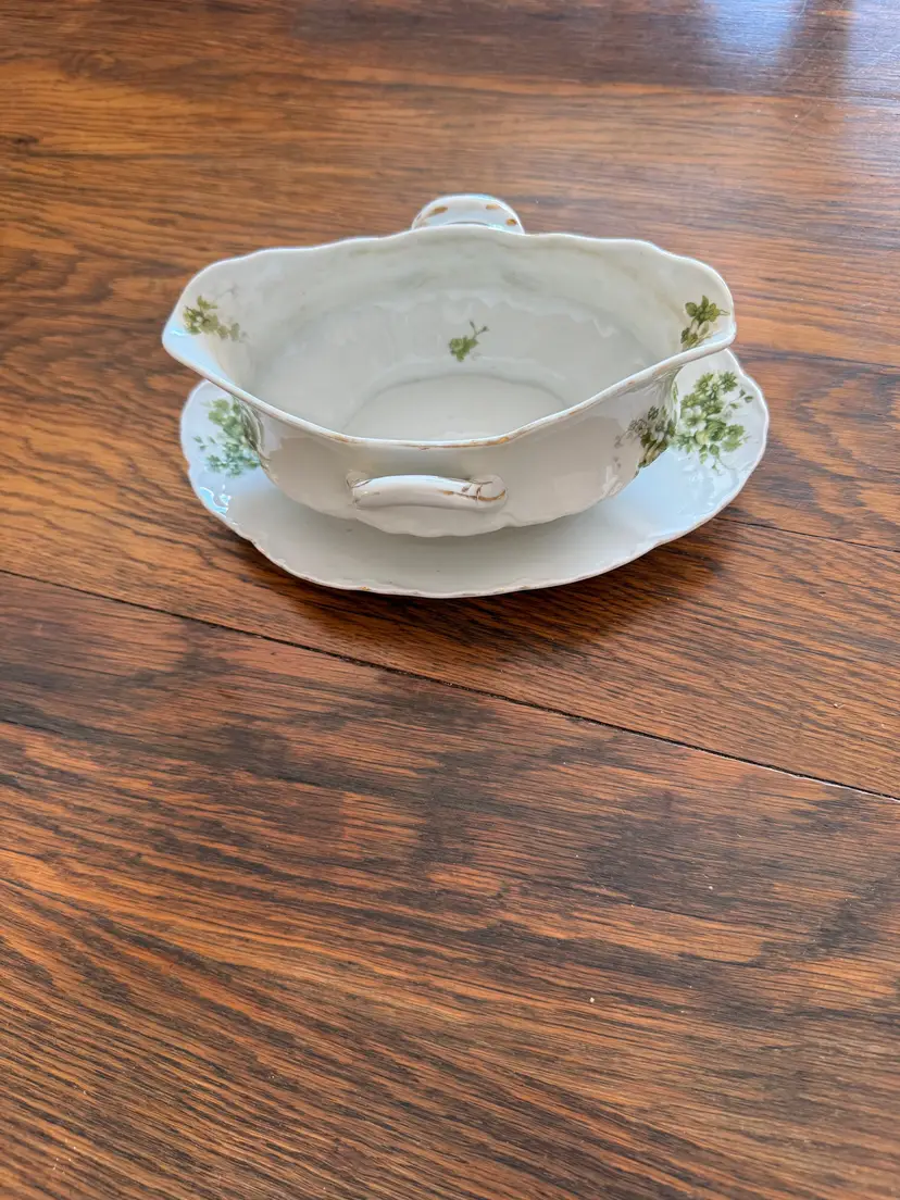 Antique LS&S Carlsbad Austria Porcelain Gravy Boat with Attached Underplate – 9x6 Inch Sauce Boat