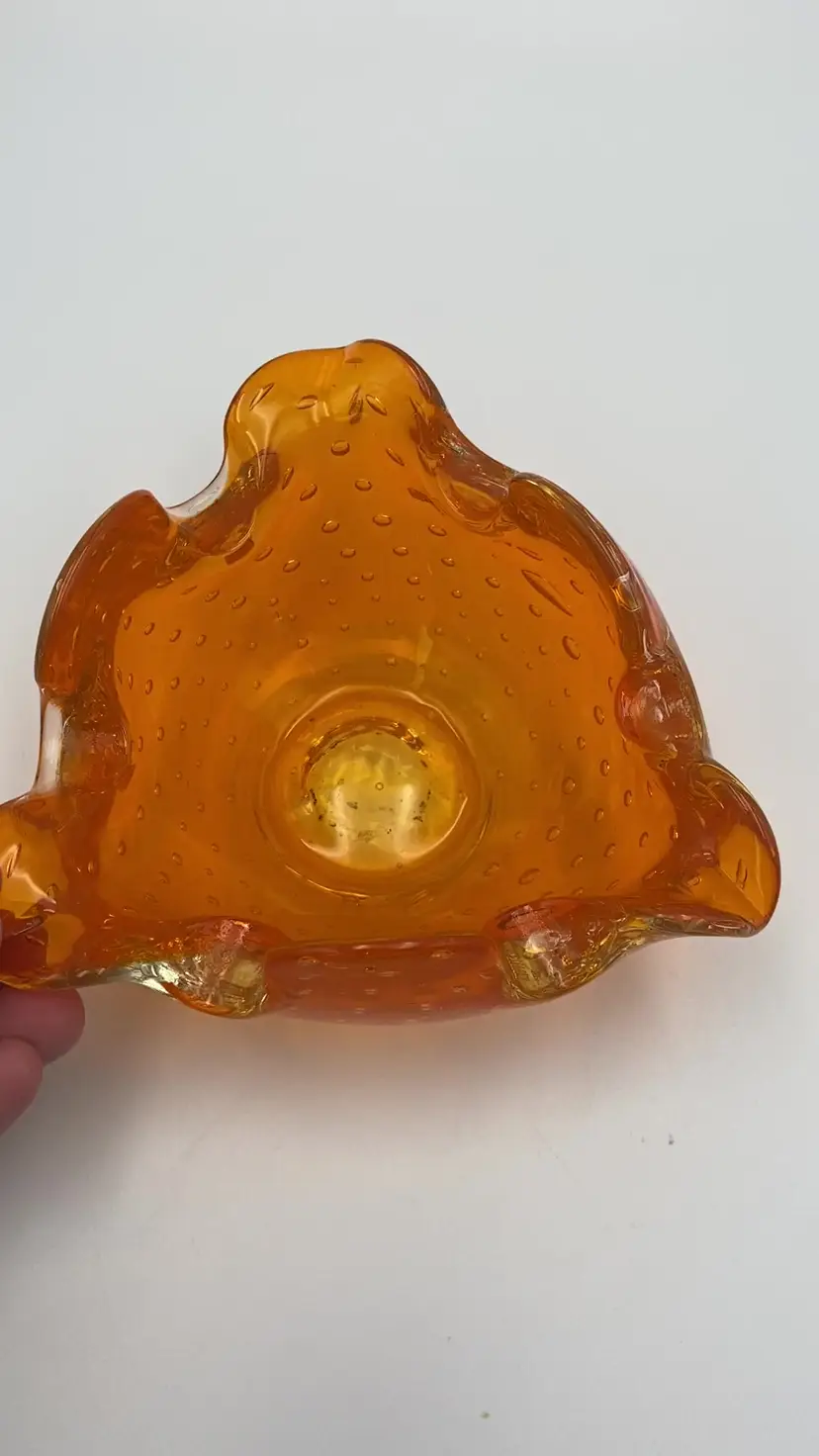 Vintage Orange Art Glass Ashtray Trinket Dish Controlled Bubbles Cased in Clear