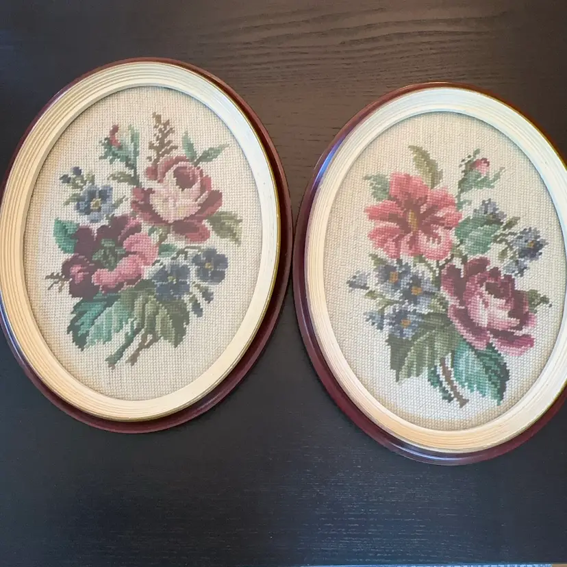 🔔 Pair Of Needlepoint Oval Florals 14”x11”