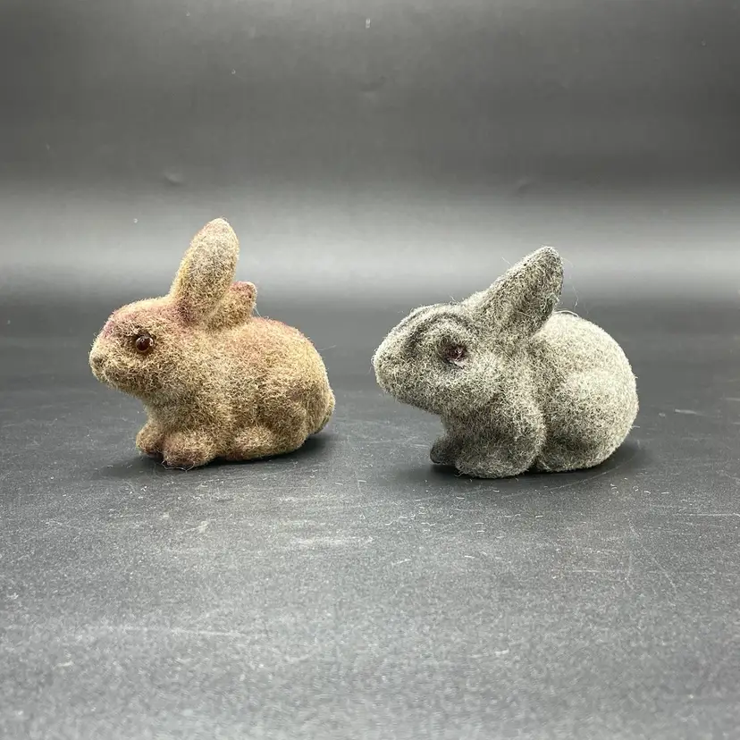 Flocked Plastic Blow Mold Bunny Rabbits Brown Gray Easter Spring Set of 2 VTG