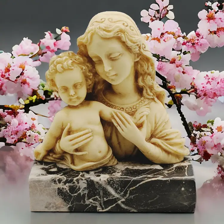 #01 Virgin Mother Mary and Baby Jesus Statue Figurine Mounted on Black Marble Italy?