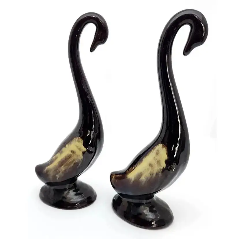 Terracotta / Redware Set of 2 Swans, Glazed, Brown, Figurines