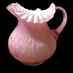 37. Fenton Art Glass, L G Wright Glass, Rose Pink Overlay Glass Maize Corn Pitcher 8” Tall