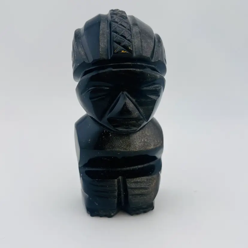 Vintage Hand Carved Obsidian Stone Mayan Aztec Figurine 4.5”