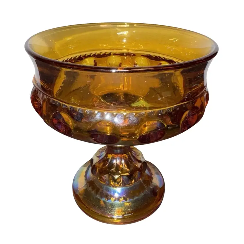 Indiana Glass Carnival Kings Crown Pedestal Amber Candy Dish 5.25” Vintage
