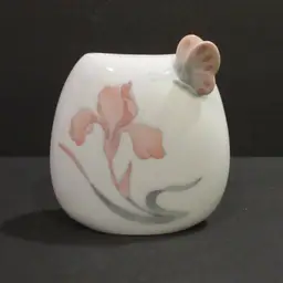 VINTAGE Porcelain Flower Bud Vase w/ Pink Iris & Applied Butterfly - Japan 1960s