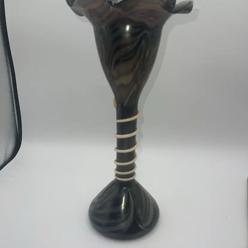 bohemian art glass Vase Black amethyst Iridescent White Swirl vine 12.5”