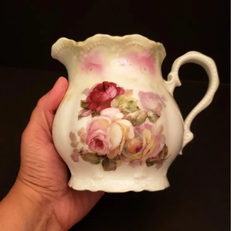 Leuchtenburg Germany Porcelain Cream Pitcher Jug Pink Roses Castle Mark Antique