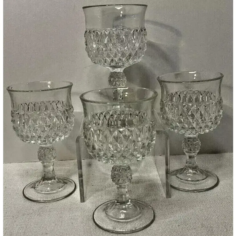 Vintage Set of 4 Indiana Glass Diamond Point Wine Water Goblets 5 1/2”