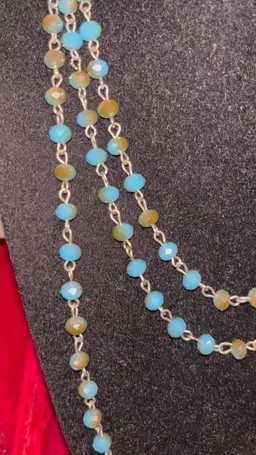 22. Rosary Style Glass Bead Necklace 60” Silver Tone Chain