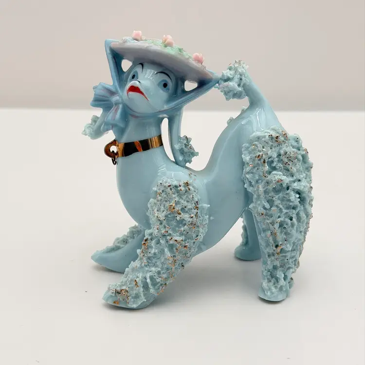 Blue Vintage Ceramic Spaghetti Poodle In Hat Figurine