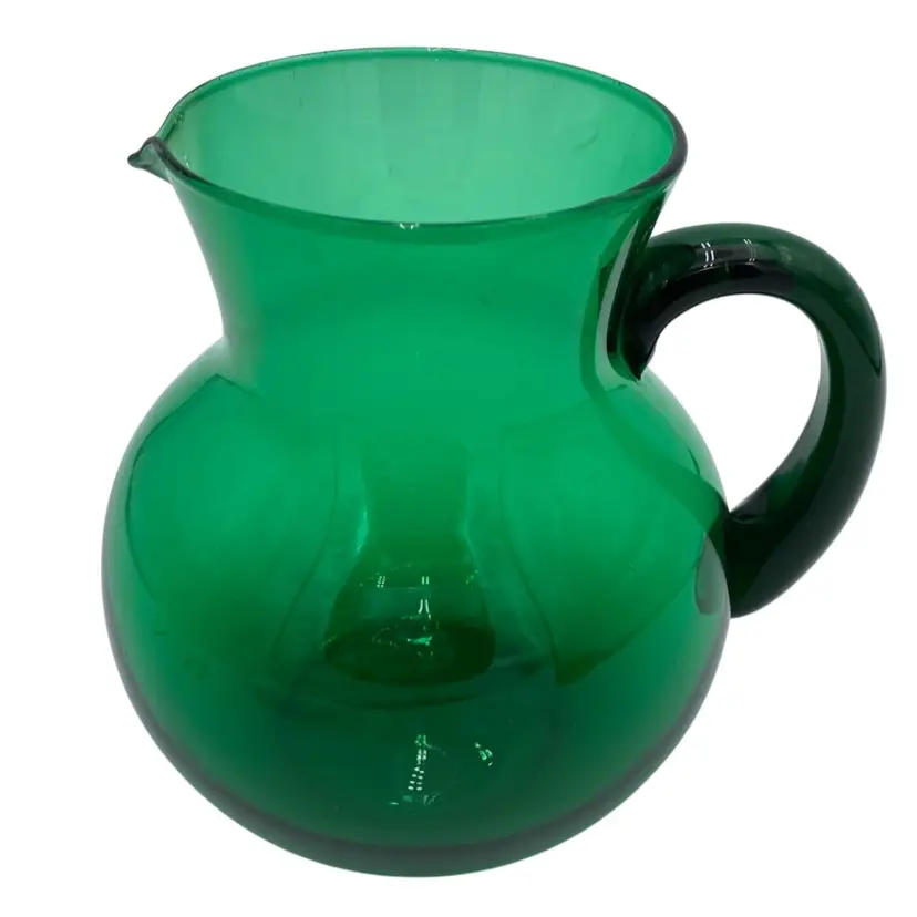 Vintage Hand-Blown Art Glass Pitcher, Round w/Applied Handle, Kelley Green, 7"