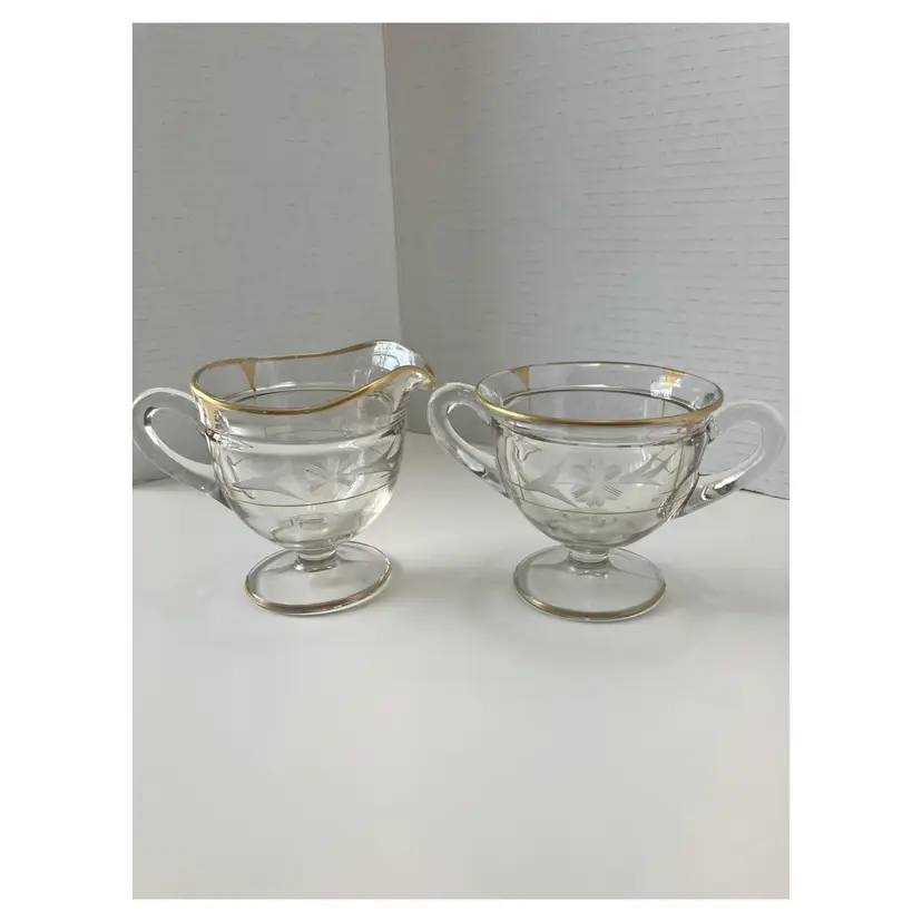Vintage Hobstar 22 kt gold pressed glass cream and sugar set